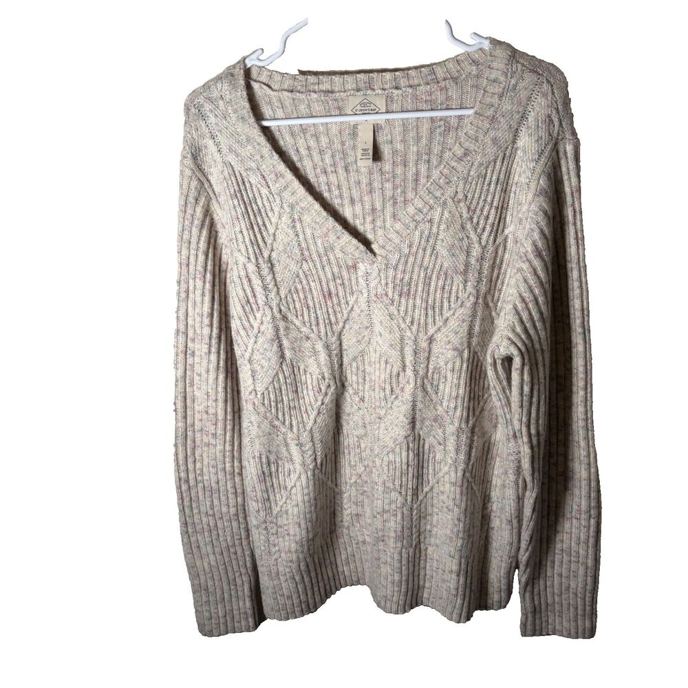 St John's Bay Sweater Women's Large Beige Cable Knit Pullover Oatmeal Casual